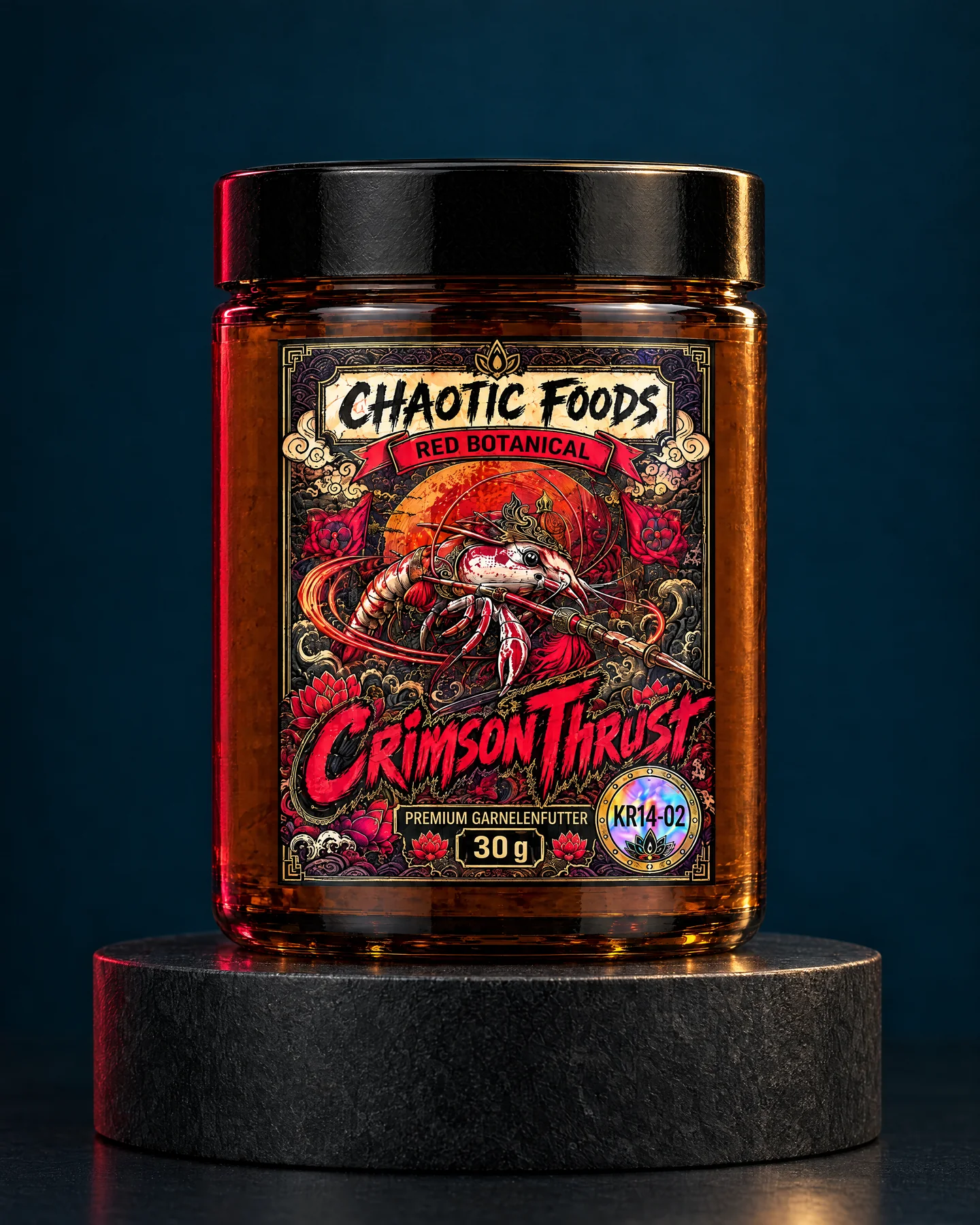 RED BOTANICAL, Crimson Thrust – KI-Verpackungsvisualisierung des 30-g-Glases